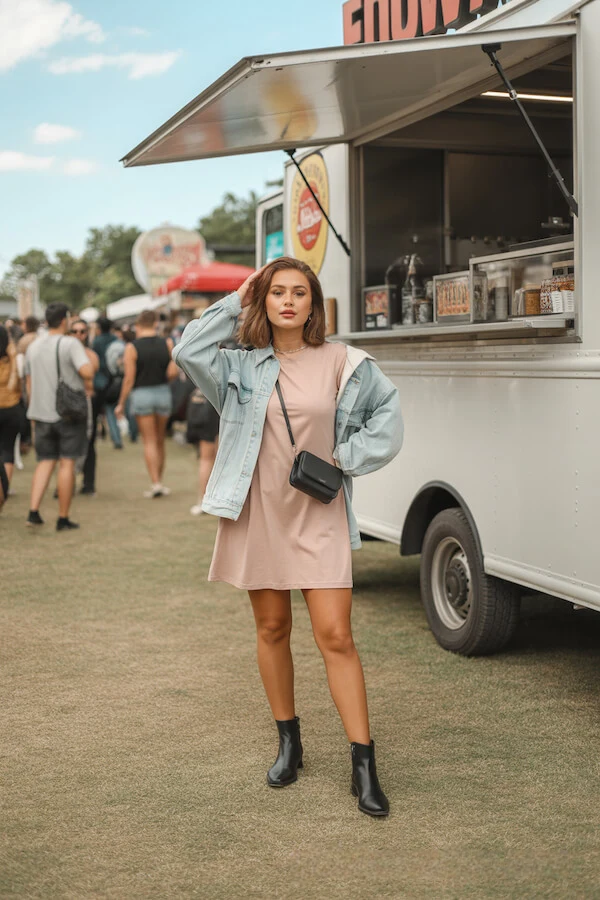 Blush Pink T-Shirt Dress with Oversized Denim Jacket and Black Ankle Boots