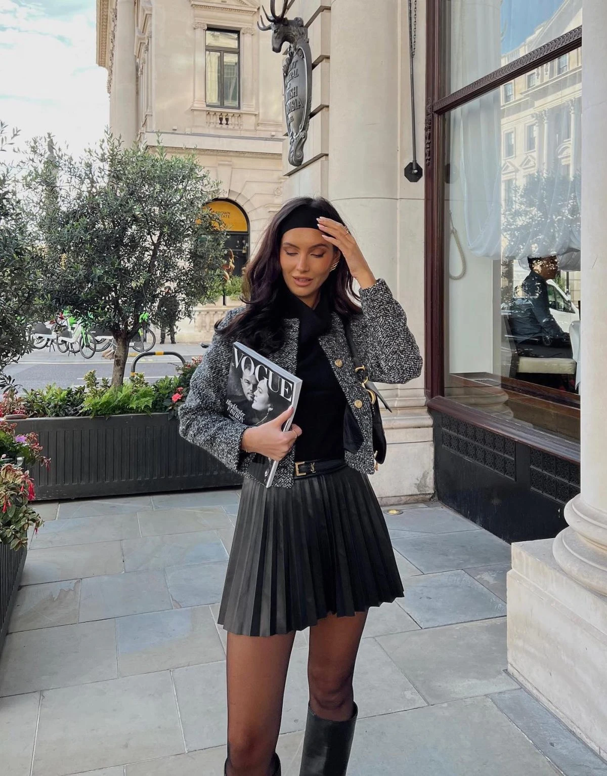 Black Tweed Jacket Pleated Leather Skirt Outfit