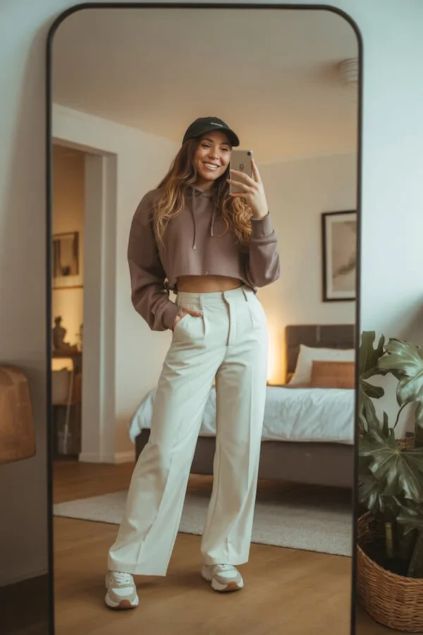 Brown Cropped Hoodie Cream Wide-Leg Trousers Outfit