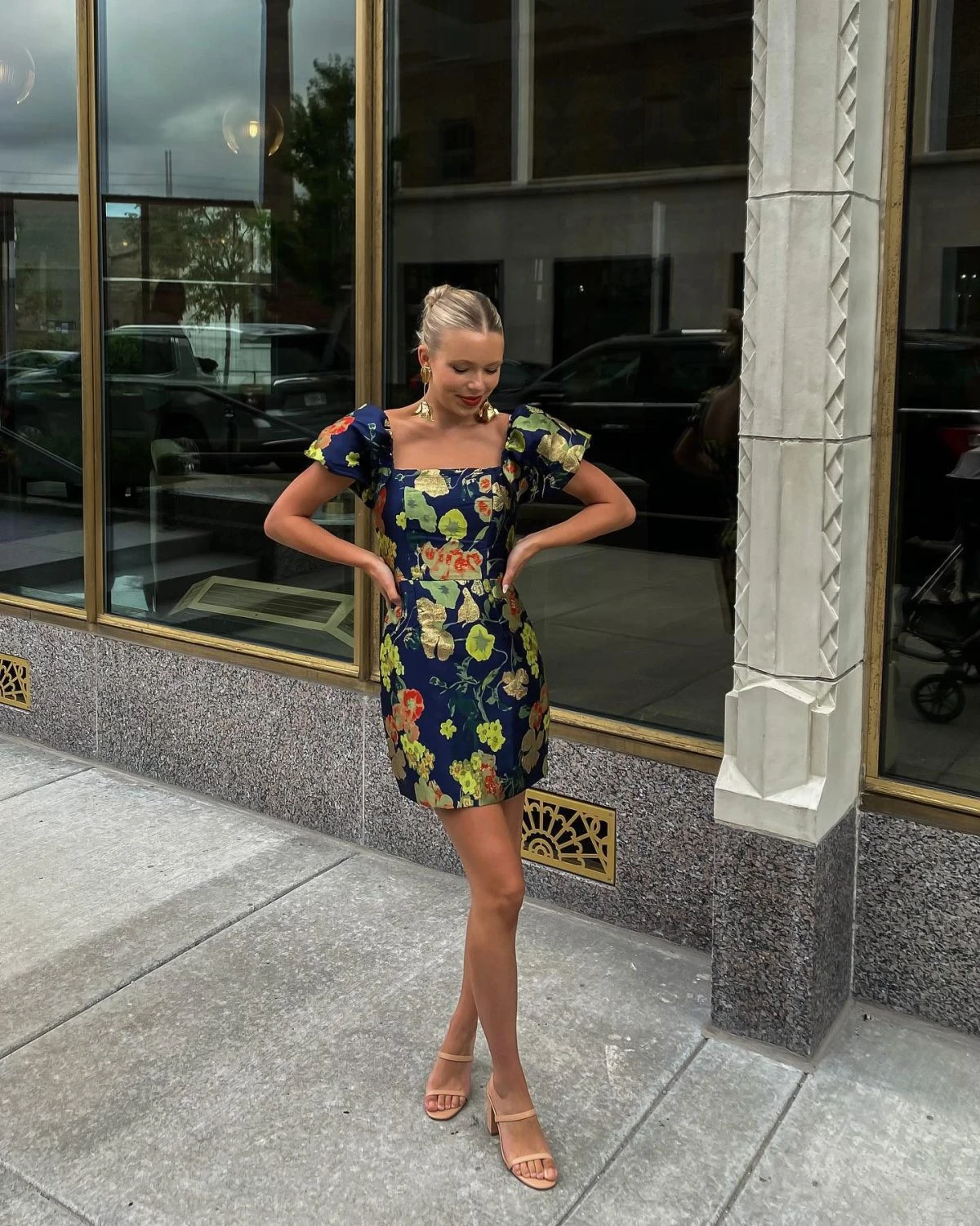 Navy Floral Mini Dress with Puff Sleeves