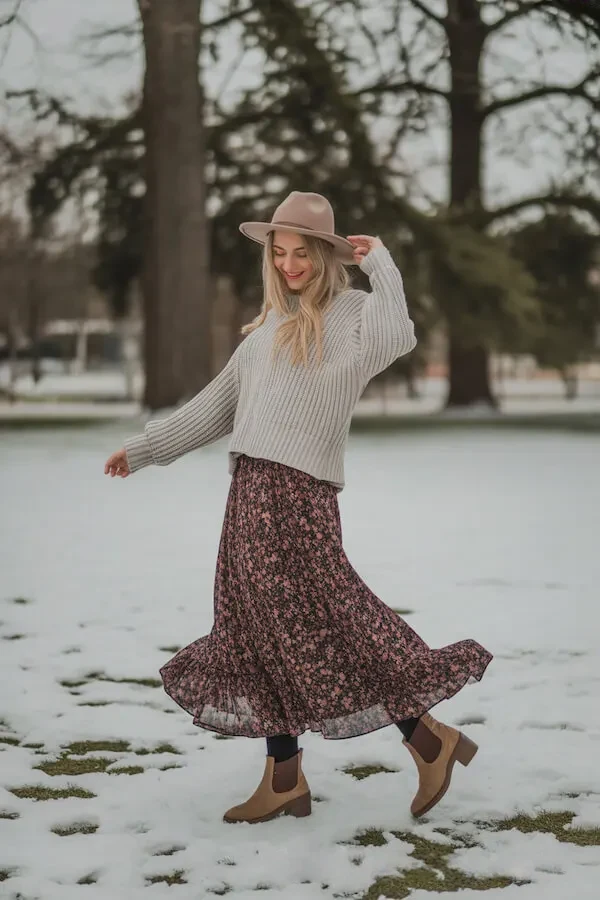 Oversized Beige Knit Sweater with Floral Midi Skirt Winter Outfit