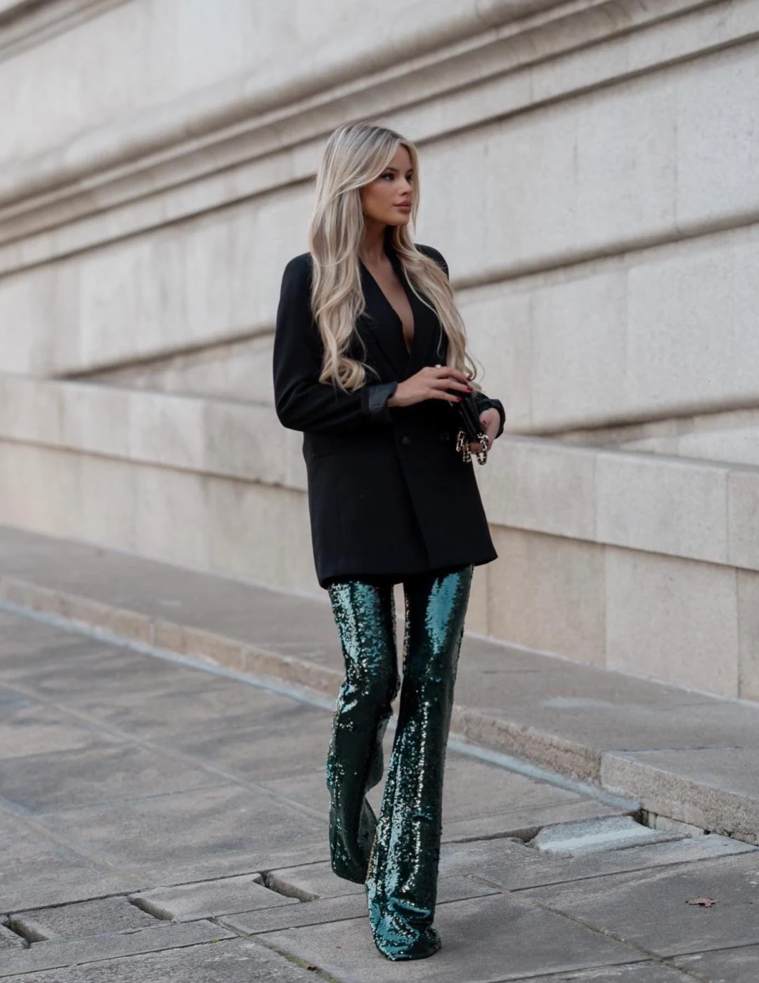 Black Blazer Emerald Sequin Trousers Party Outfit