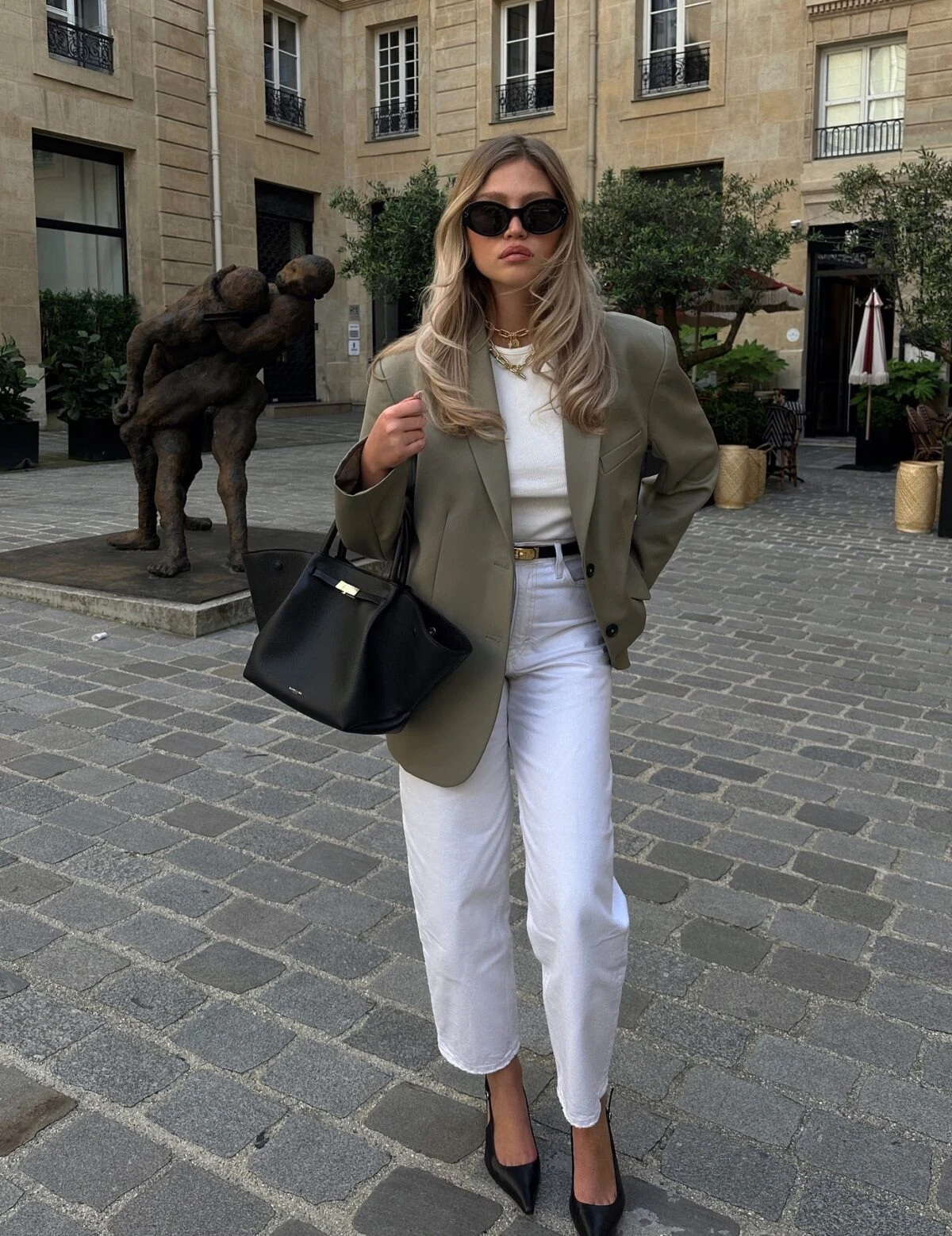 Olive Blazer White Jeans Outfit with Black Heels