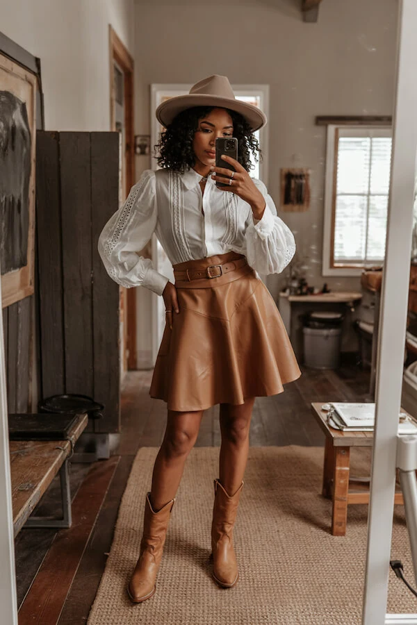 White Victorian Blouse Camel Leather Skirt Outfit