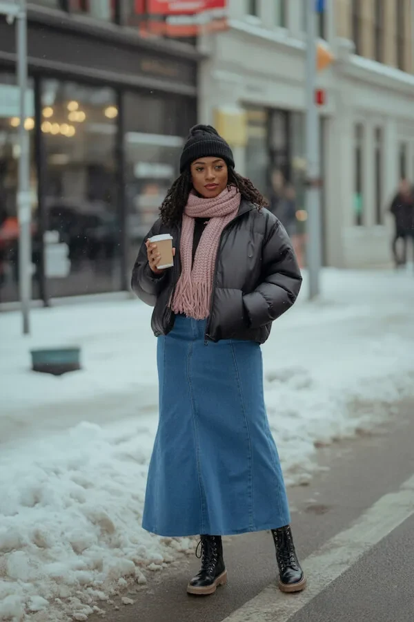 Black Puffer Jacket Pink Scarf Denim Maxi Skirt Winter Outfit