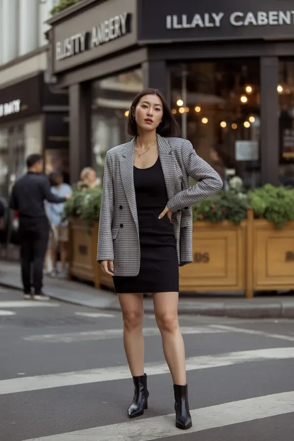 Oversized Check Blazer with Black Mini Dress Street Outfit
