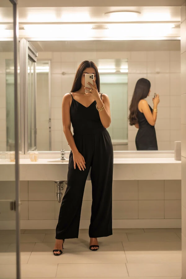 Black Wide-Leg Jumpsuit Outfit with Strappy Heels