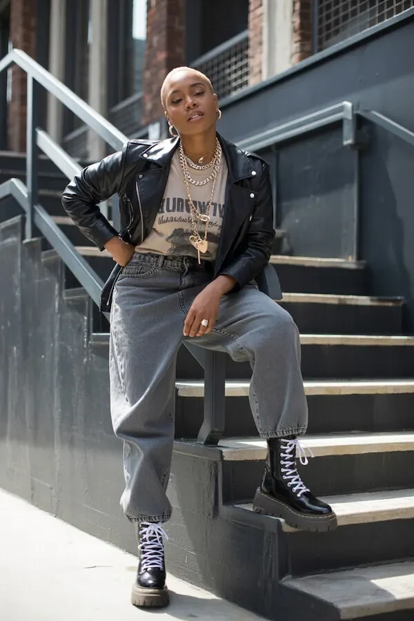 Black Leather Moto Jacket with Graphic Tee and Wide-Leg Jeans