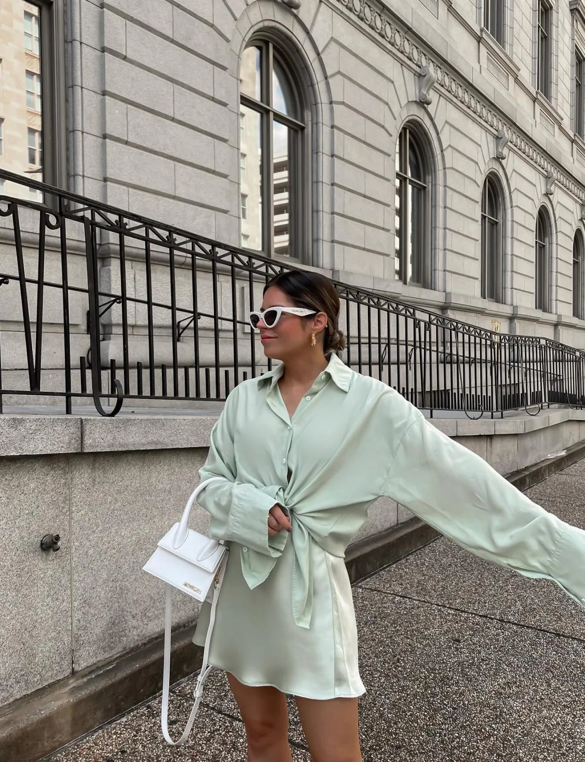 Mint Green Shirt Dress Outfit with White Bag