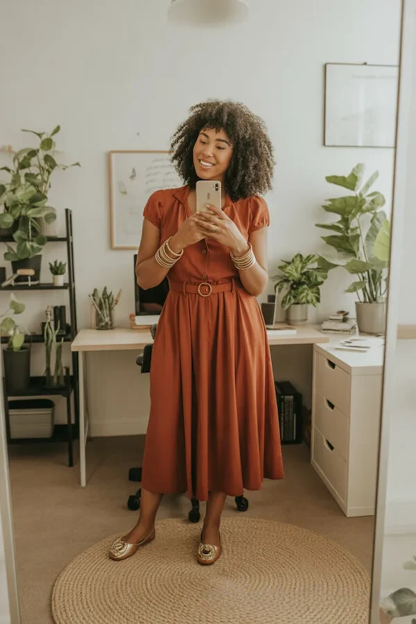 Rust Orange Midi Dress with Puff Sleeves and Belt