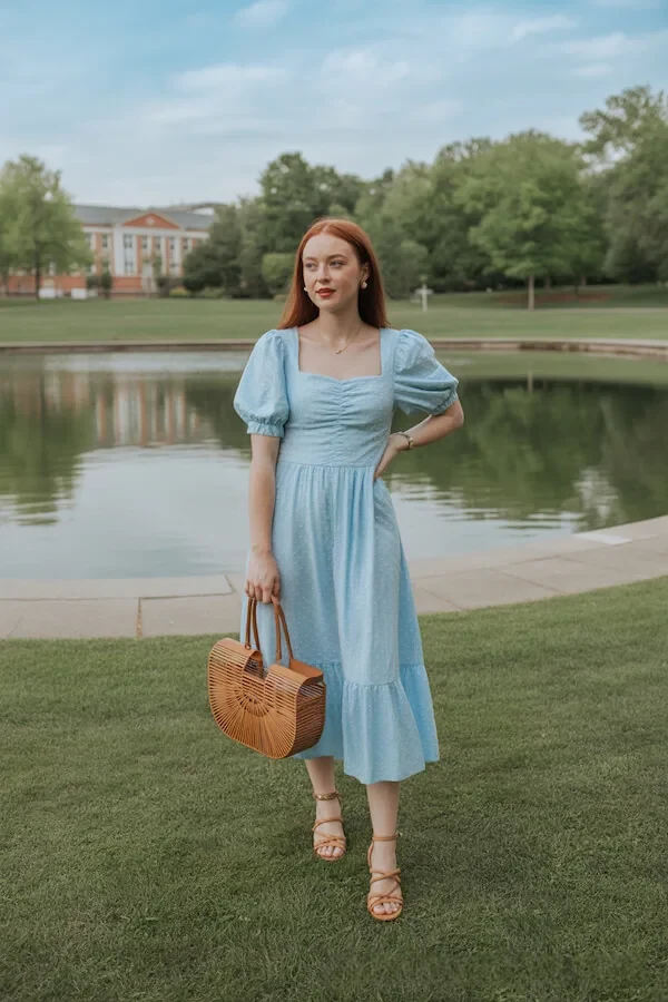 Light Blue Linen Puff Sleeve Midi Dress with Woven Bamboo Bag