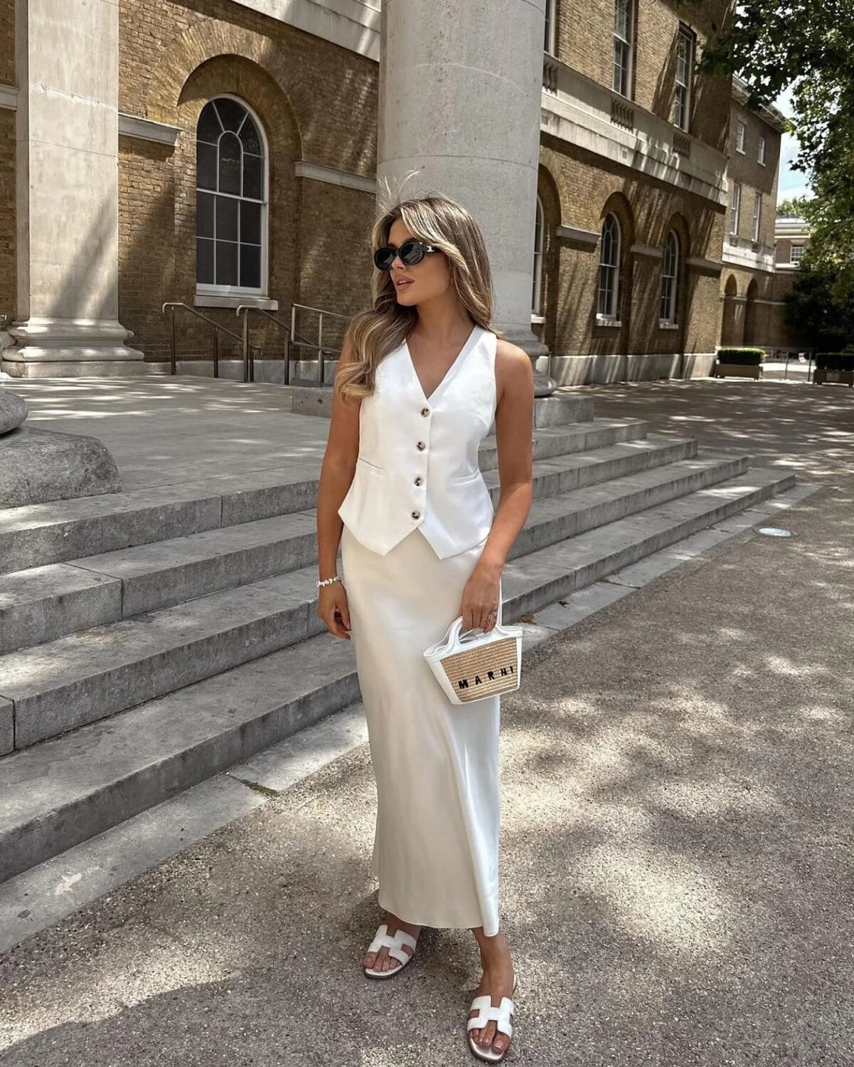 White Linen Vest Midi Skirt Summer Co-Ord Outfit