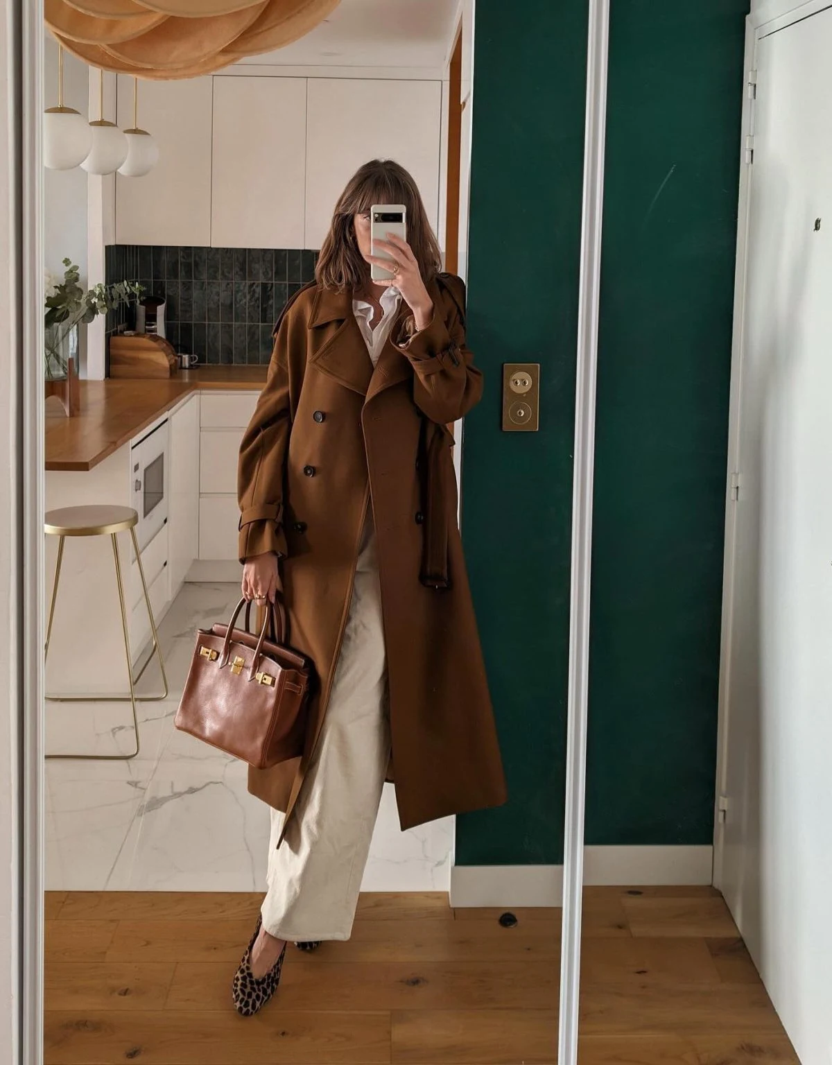 Brown Trench Coat Outfit with Cream Wide-Leg Trousers