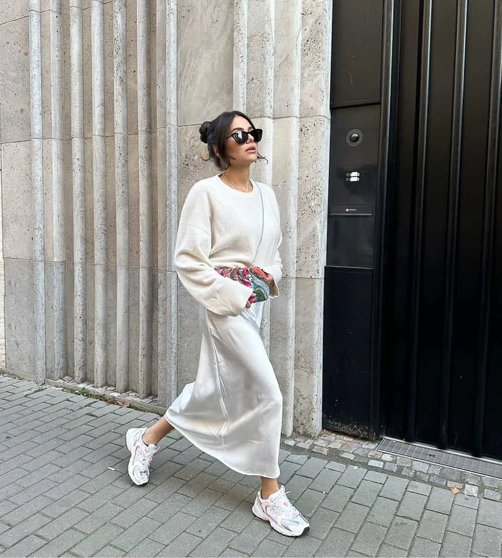 Cream Knit Co-Ord Outfit with Midi Skirt and Sneakers
