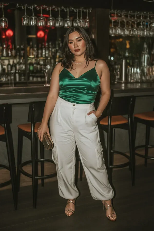 Emerald Green Satin Cami with White Cargo Trousers Evening Outfit