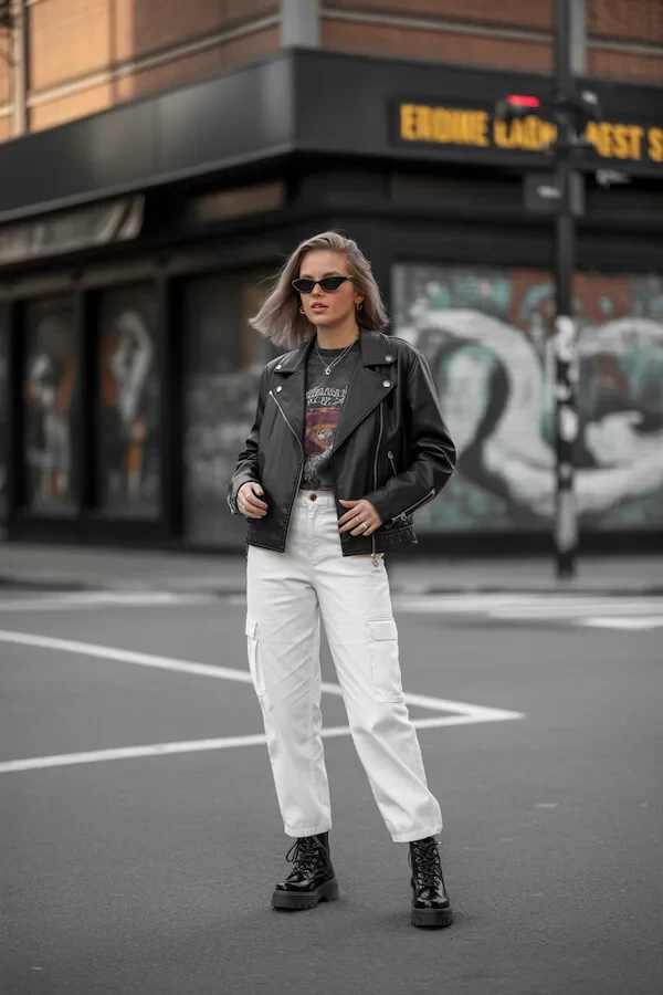 Black Leather Moto Jacket with White Cargo Pants and Platform Boots