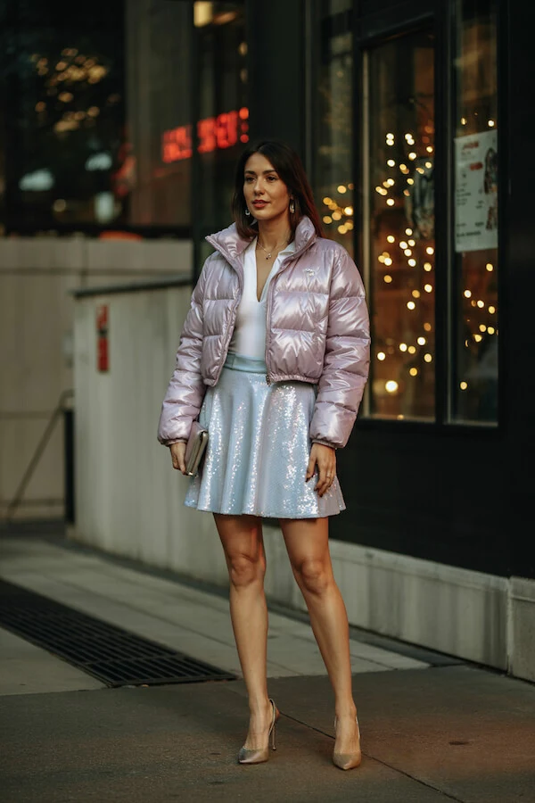 Pink Puffer Jacket Sequin Skirt Holiday Outfit