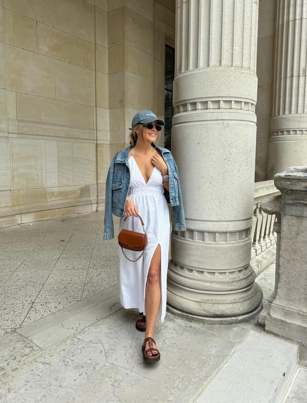 White Eyelet Midi Dress Outfit with Denim Jacket
