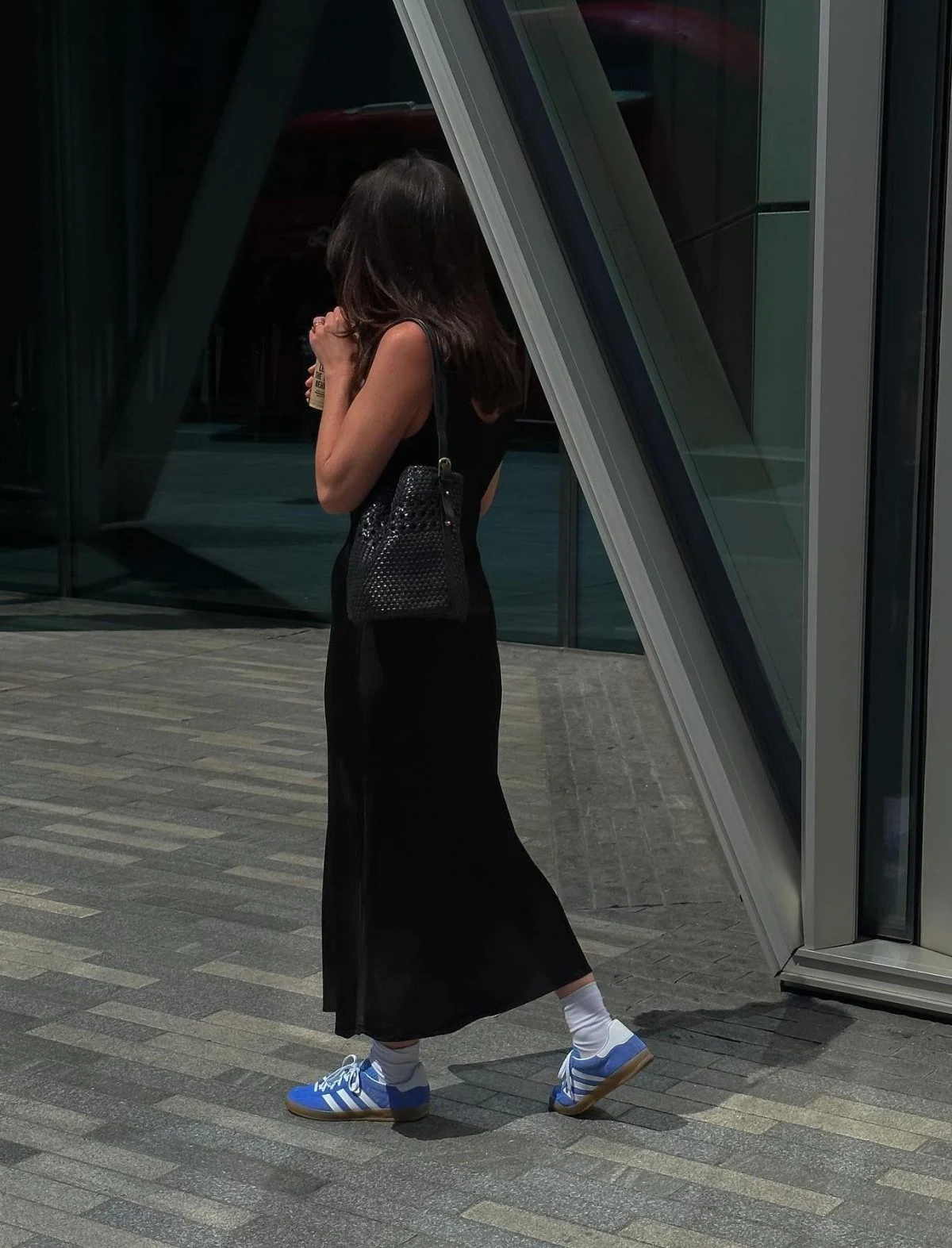 Black Slip Dress Outfit with Blue Adidas Samba Sneakers
