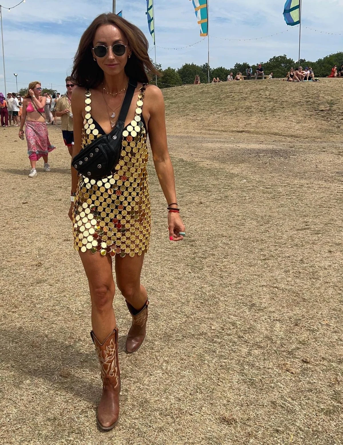 Gold Sequin Mini Dress Festival Outfit with Cowboy Boots