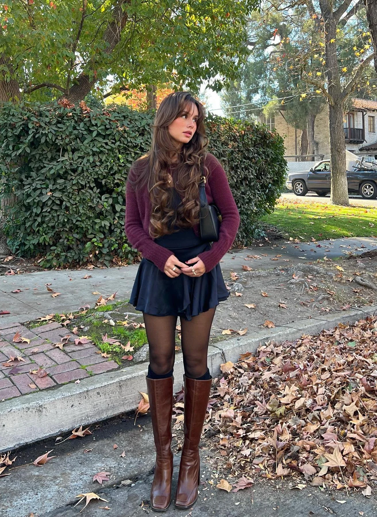 Burgundy Sweater Black Skirt Brown Boots Fall Outfit