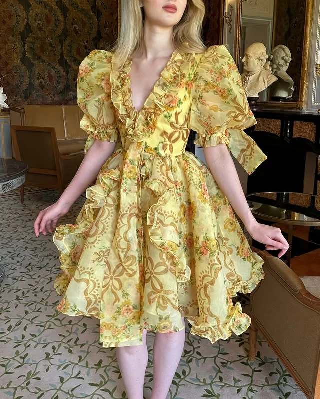 Yellow Floral Puff Sleeve Midi Dress