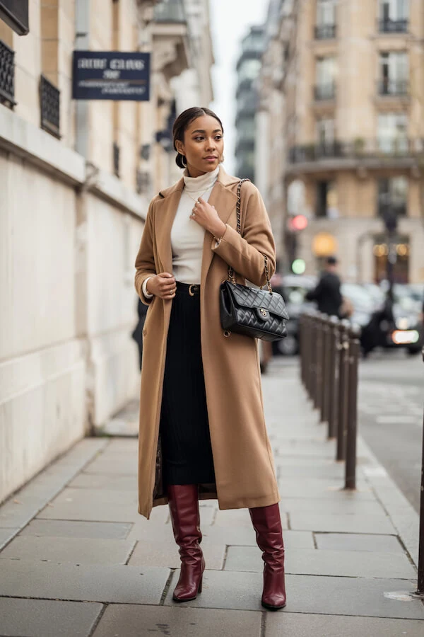 Camel Coat Cream Turtleneck Burgundy Boots Outfit