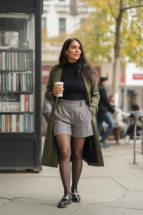 Olive Trench Coat Plaid Shorts Fall Outfit