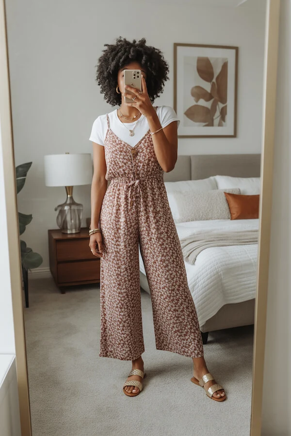 Floral Jumpsuit White Tee Layered Summer Outfit with Tie Waist
