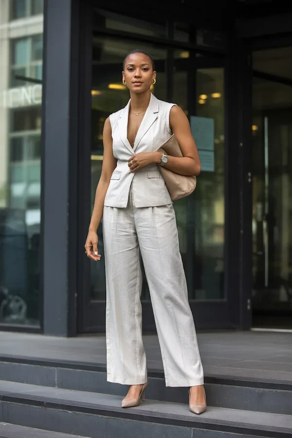 White Sleeveless Blazer and Linen Trousers Summer Workwear