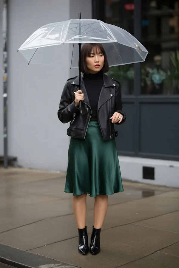 Black Leather Biker Jacket Green Satin Midi Skirt Outfit