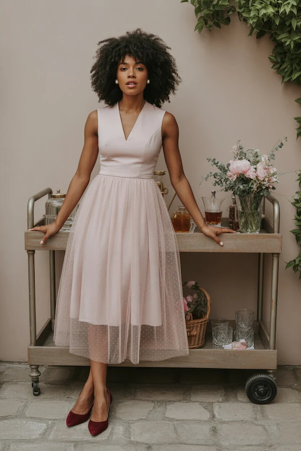 Blush Pink Tulle Midi Dress with Burgundy Velvet Pumps