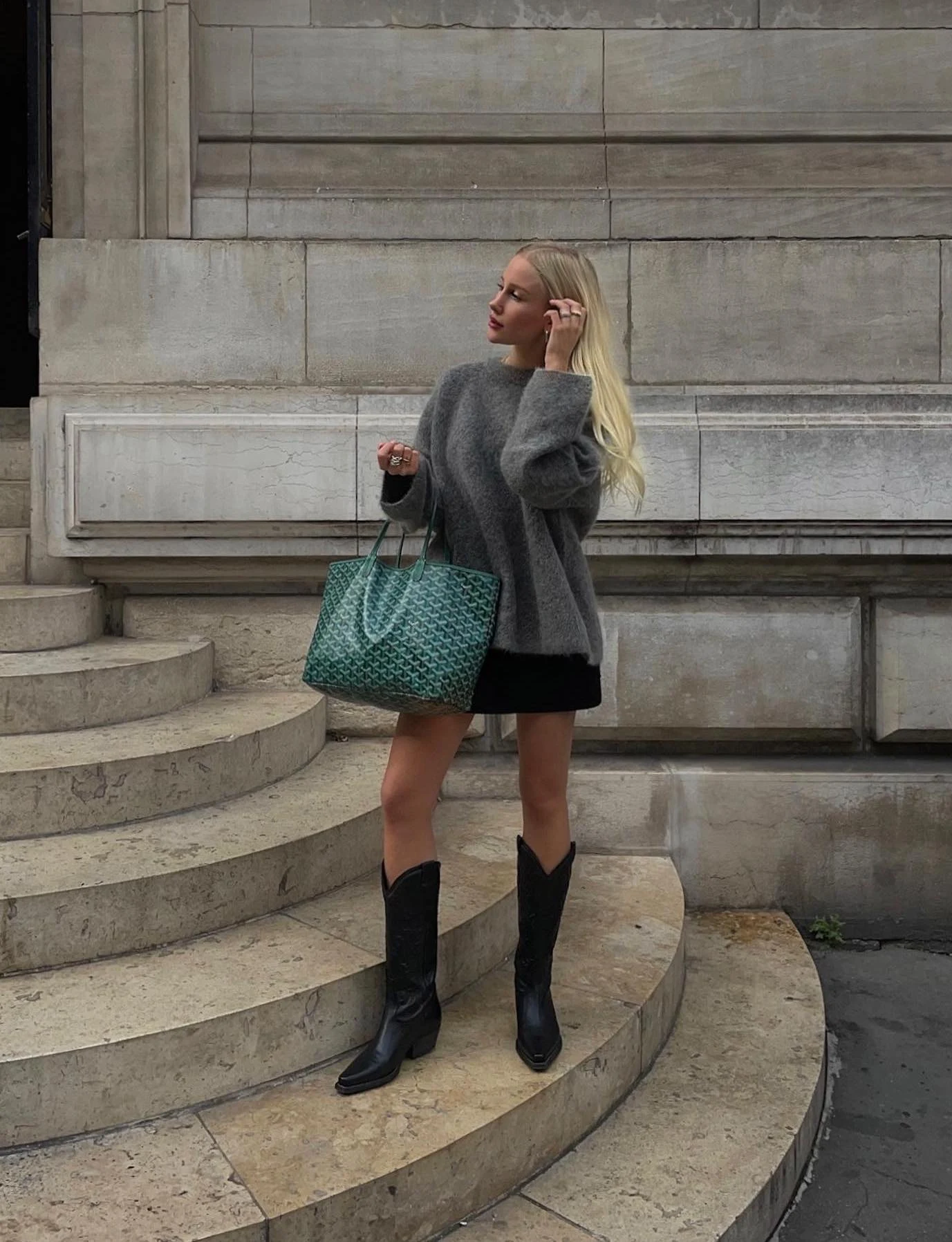 Gray Oversized Sweater Outfit with Black Mini Skirt and Boots