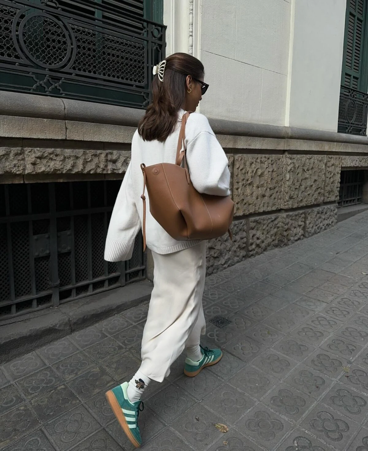 Cream Sweater Wide-Leg Trousers Outfit with Green Sneakers