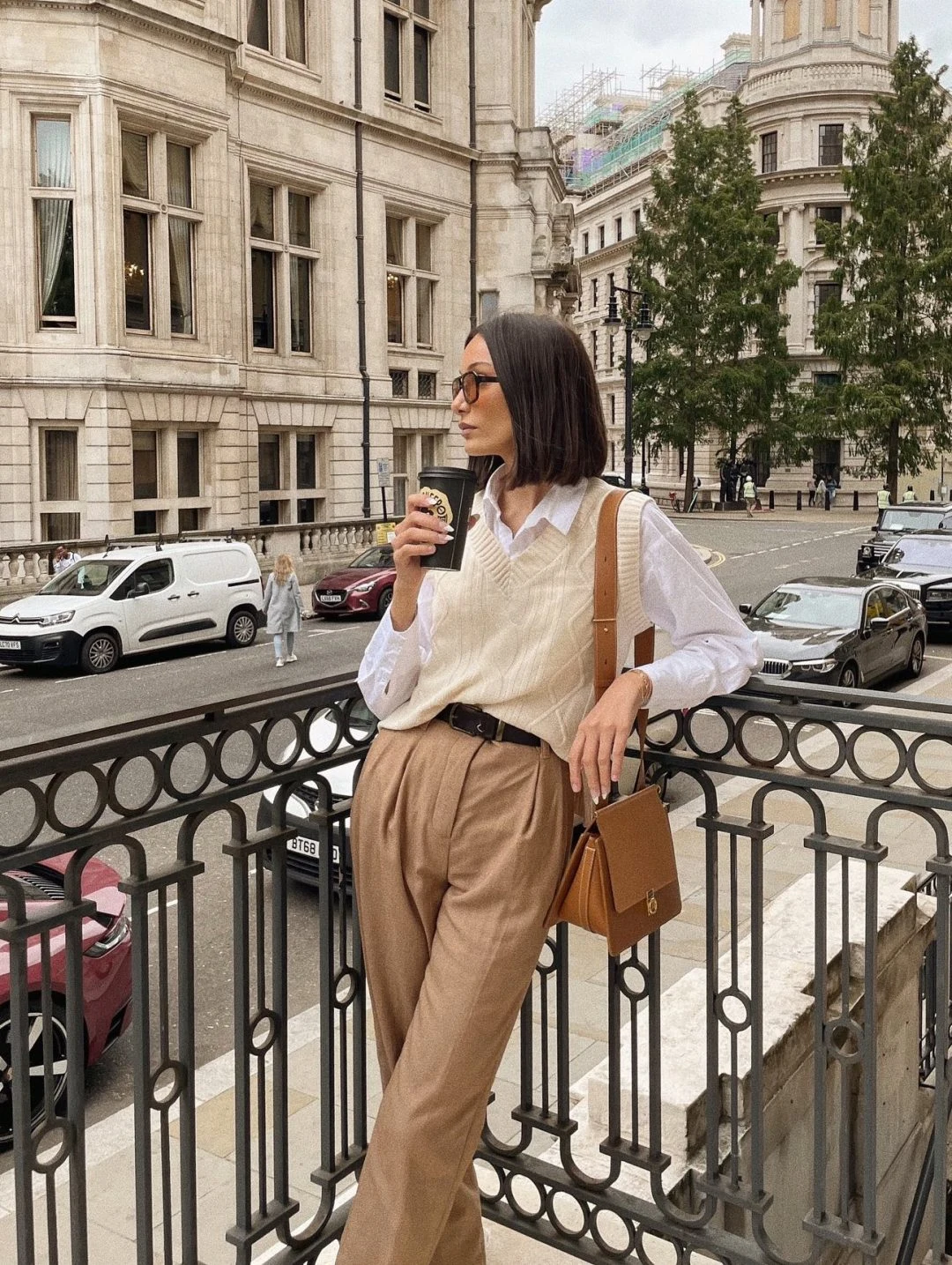 Cream Cable Knit Vest White Shirt Camel Trousers Outfit