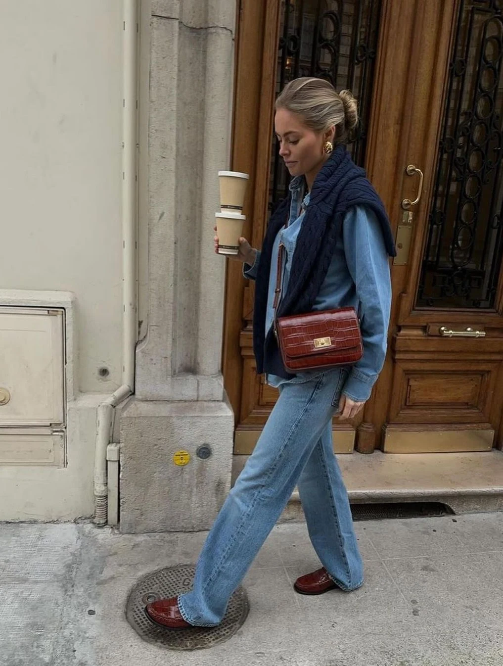 Denim on Denim with Navy Puffer Vest and Burgundy Bag