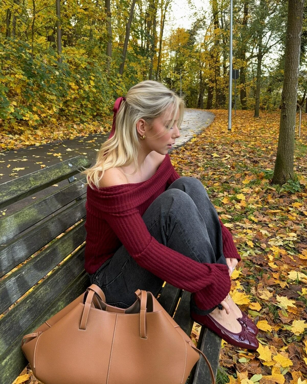 Burgundy Off-Shoulder Knit Outfit with Grey Jeans
