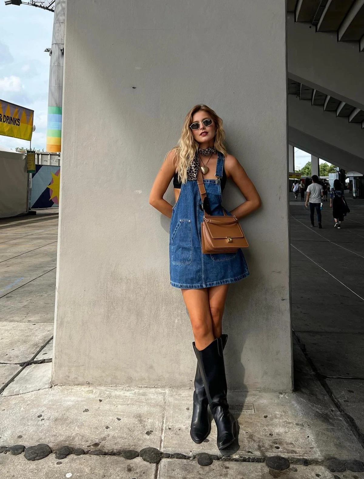 Denim Pinafore Dress Outfit with Black Cowboy Boots