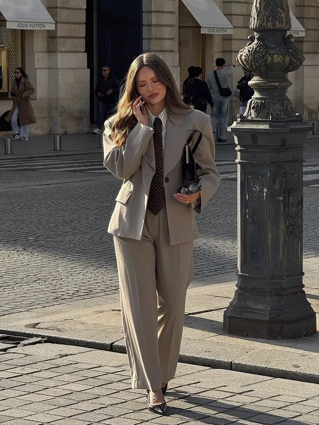 Beige Suit Polka Dot Scarf Outfit for Work and City