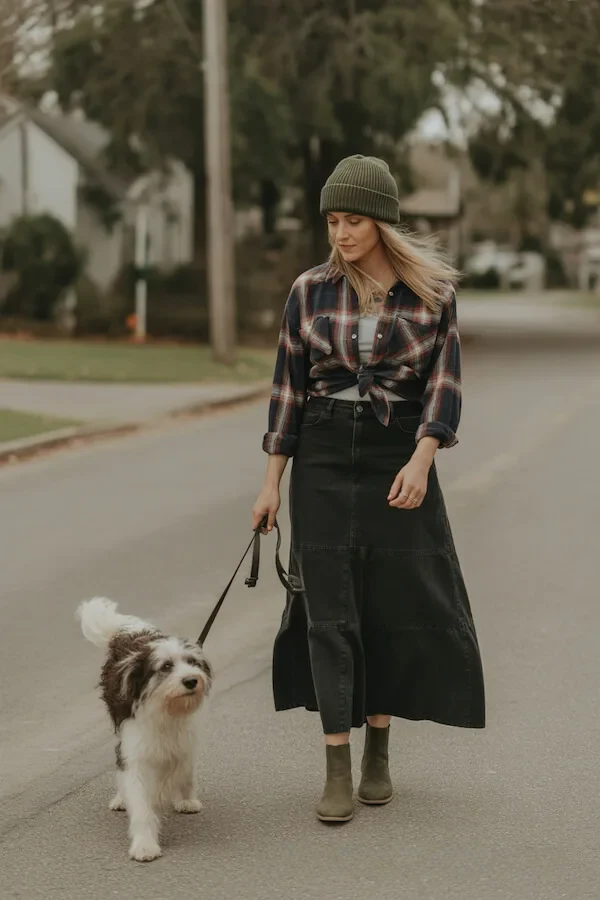 Plaid Flannel Shirt with Black Denim Maxi Skirt and Olive Beanie