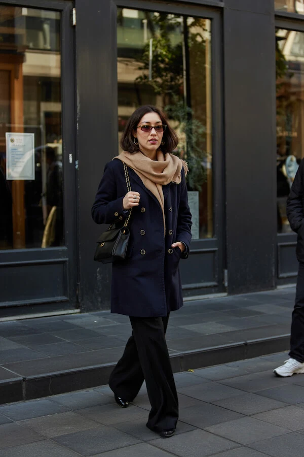 Navy Double-Breasted Coat Outfit with Camel Scarf