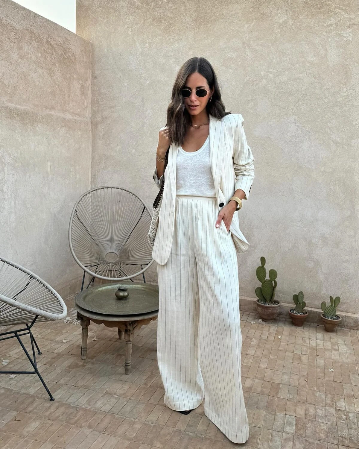Cream Pinstripe Linen Suit Outfit with Wide-Leg Trousers