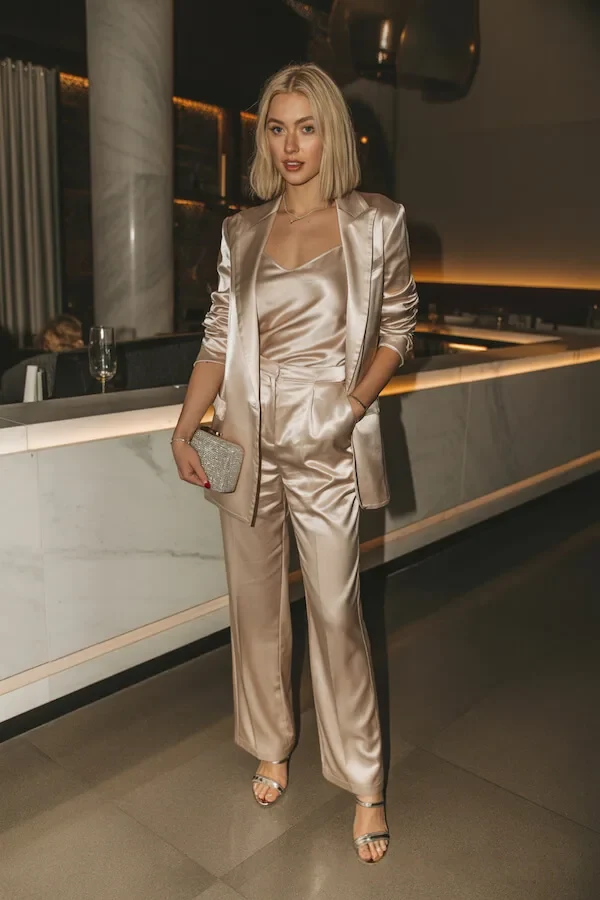 Champagne Satin Blazer and Wide-Leg Trouser Set with Cami