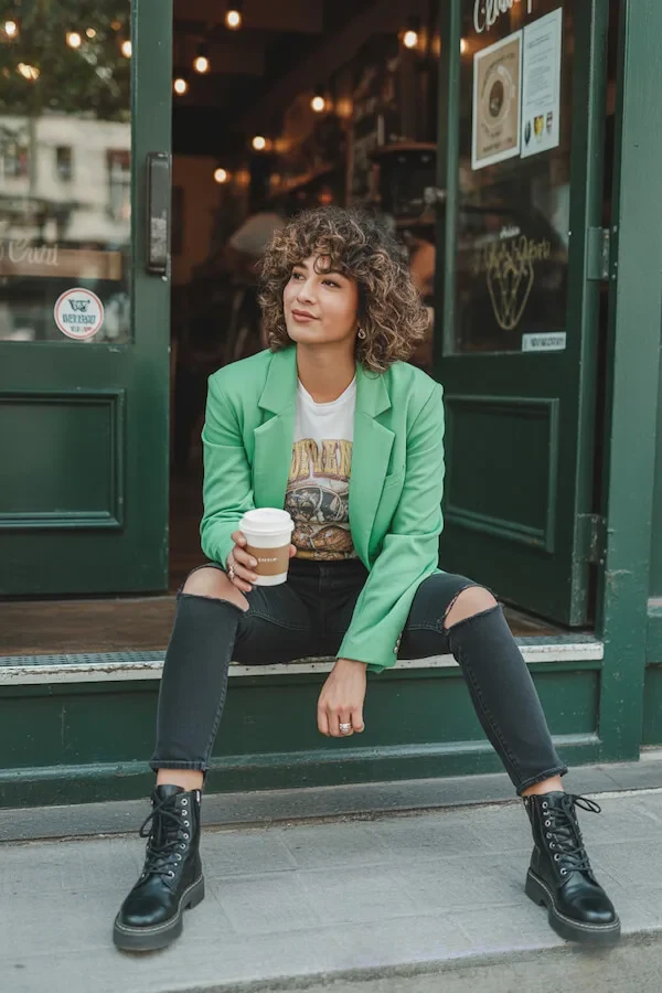 Green Oversized Blazer with Ripped Black Jeans and Boots