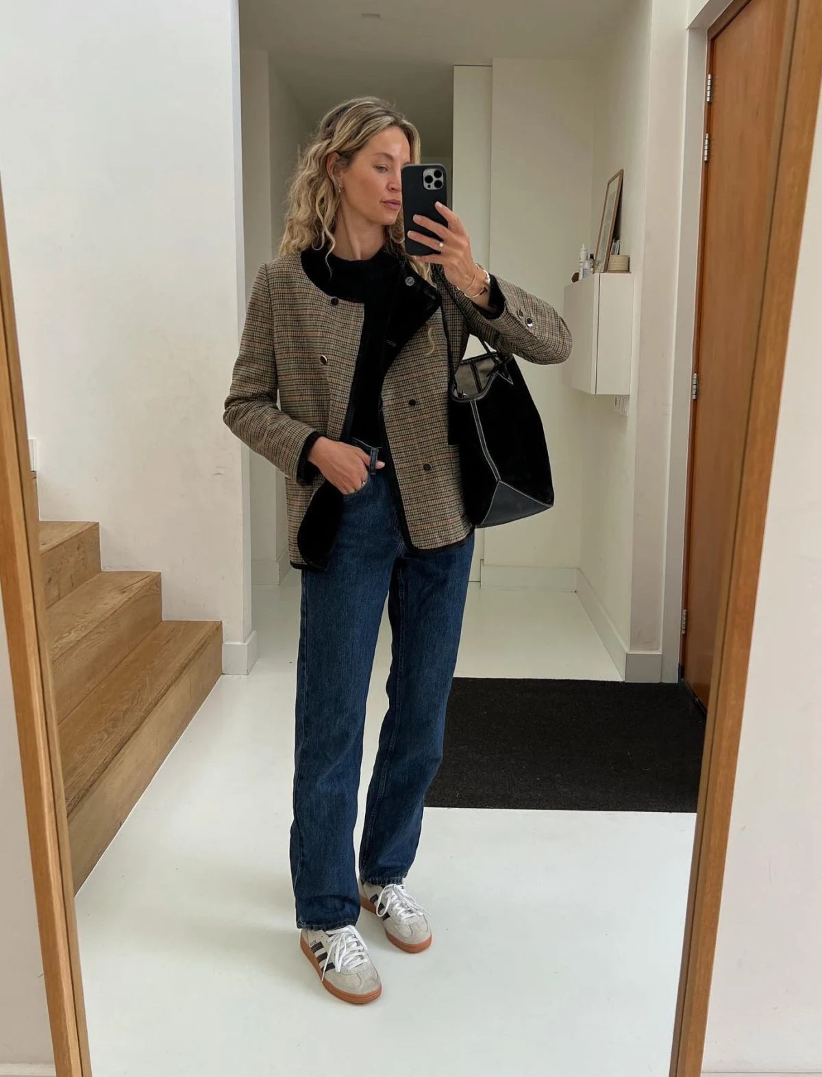 Brown Check Blazer Outfit with Black Turtleneck and Denim