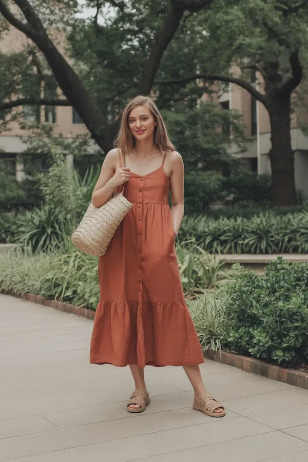 Rust Linen Button-Front Midi Dress with Tiered Hem and Straw Tote