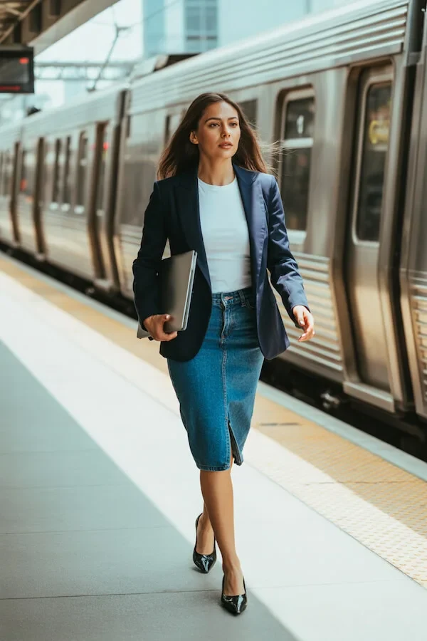 Navy Blazer Denim Pencil Skirt Commute Outfit with White Tee