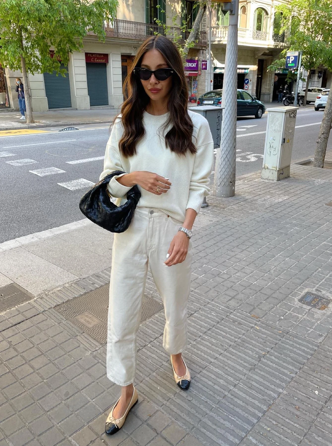 Cream Knit Sweater Outfit with White Trousers and Ballet Flats