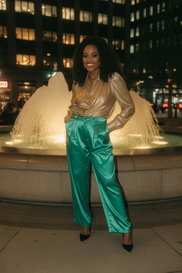 Gold Metallic Blouse Emerald Satin Trousers Evening Outfit