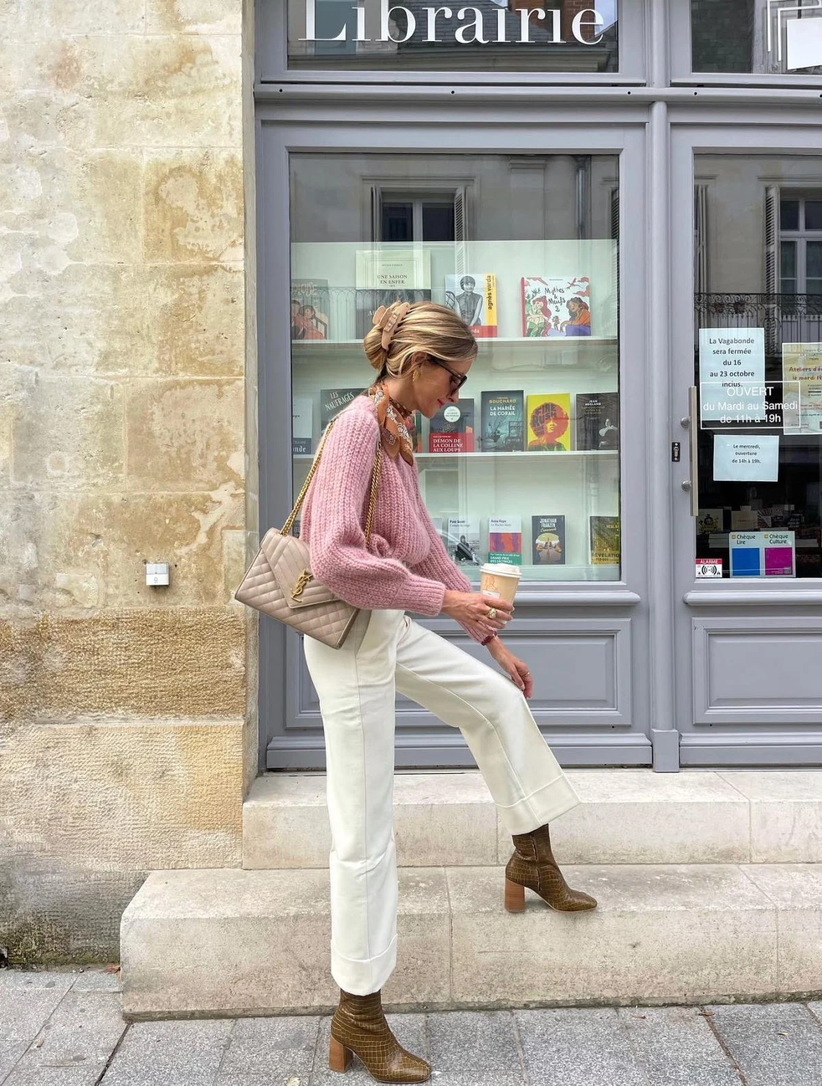 Pink Chunky Knit Sweater Outfit with Cream Wide-Leg Trousers